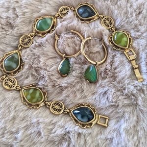 Vintage Set Liz Claiborne Bracelet and  earrings Gold with Green Gem stone